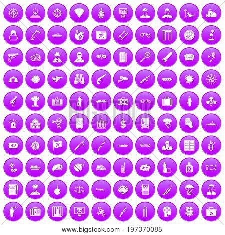 100 antiterrorism icons set in purple circle isolated on white vector illustration