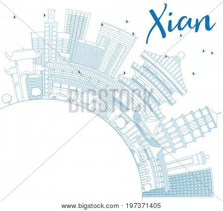 Outline Xian Skyline with Blue Buildings and Copy Space. Business Travel and Tourism Concept with Historic Architecture. Image for Presentation Banner Placard and Web Site.