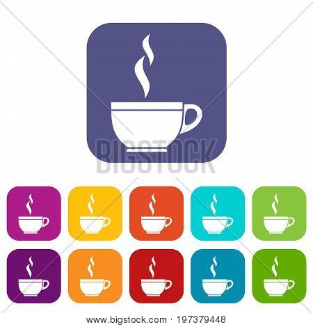 Glass cup of tea icons set vector illustration in flat style in colors red, blue, green, and other