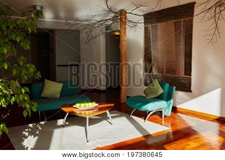 Caramanico Terme Abruzzo Italy - November 22 2014: nice living room full of the morning sunlight inside La Reserve Hotel a famous wellness center at Caramanico Terme.