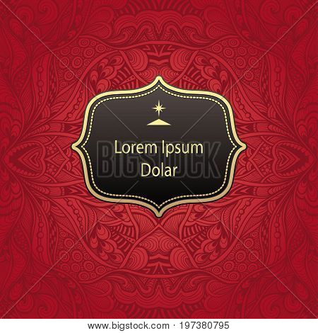 Template with Zen tangle abstract pattern for package or label in red  gold black for advertising