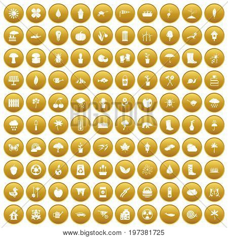 100 garden stuff icons set in gold circle isolated on white vectr illustration