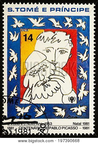 Moscow Russia - July 27 2017: A stamp printed in Sao Tome and Principe shows painting 