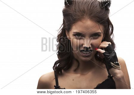 Sexy Catwoman. Female In Lingerie With Cat Makeup And Ears.