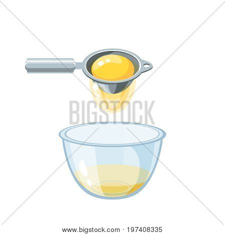 Egg yolk separator over a bowl with albumen. Vector illustration flat icon isolated on white.