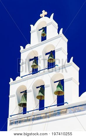 Bell tower of Panagia Platsani in Oia, Santorini, Greece