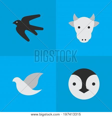Elements Kine, Sparrow, Pigeon And Other Synonyms Penguin, Milk And Flightless.  Vector Illustration Set Of Simple Animals Icons.