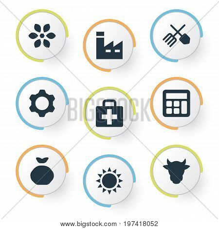 Elements Horticulture Equipment, Medical Kit, Heat And Other Synonyms Sunshine, Summer And Kit.  Vector Illustration Set Of Simple Harvest Icons.