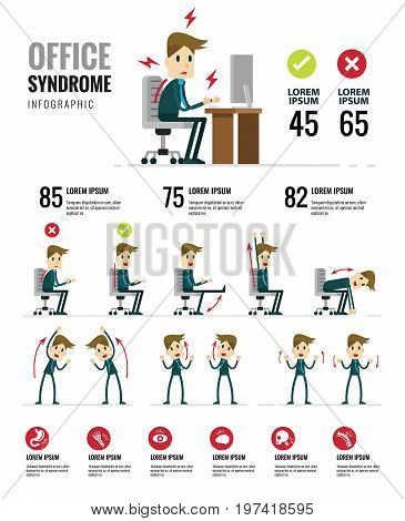 Office Syndrome Infographics. Healthcare And Medical. Flat Character Design. Vector Illustration
