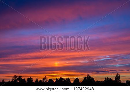 Colorful sunset with clouds and trees - dramatic sky