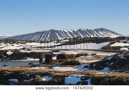 Icland winter seasion Myvatn volcano natural landscape background