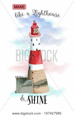 Lighthouse Landmark - Red and white lighthouse against the blue sky, with inspirational quote