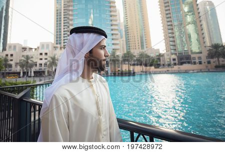 Arab young man looking to Dubai skyline