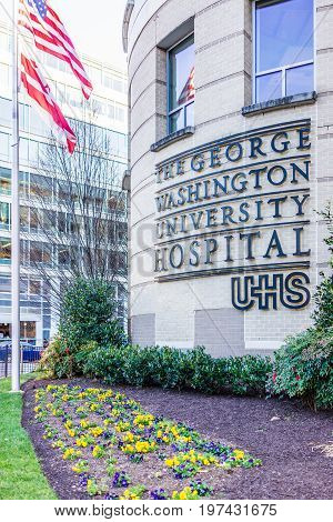 Washington Dc, Usa - March 4, 2017: George Washington University Hospital Sign With Flag