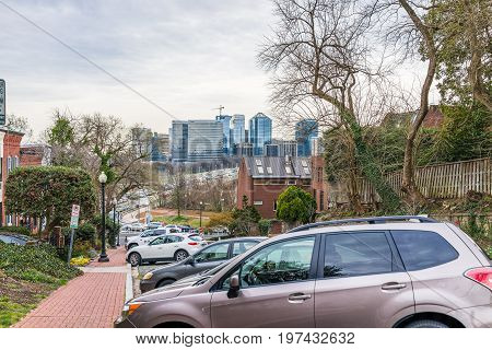 Washington Dc, Usa - March 20, 2017: Georgetown Neighborhood With Steep Street With View Of Key Brid