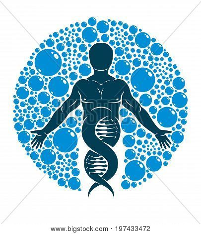 Vector graphic illustration of strong male created as scientific model of human DNA and surrounded by a water ball. Environment conservation and protection.