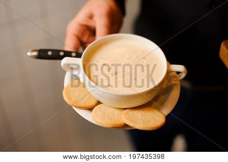 Gourmet soup, Clam chowder with crackers. lose up