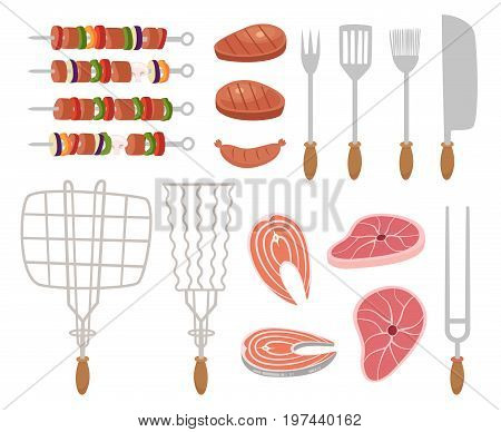 Barbecue elements isolated on white background. A set of tools for roasting meat over a fire. Grid for meat, kebabs, sausages. Steak, fish meat, beef . Cartoon style vector illustration