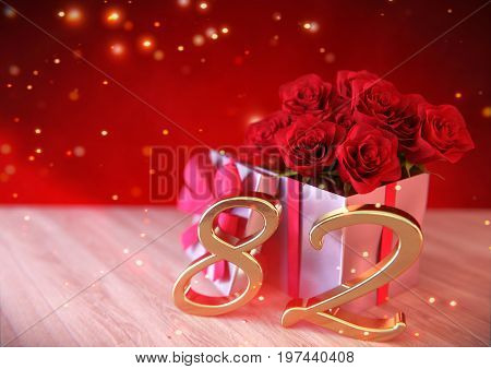 birthday concept with red roses in gift on wooden desk. 3D render - eighty-second birthday. 82nd