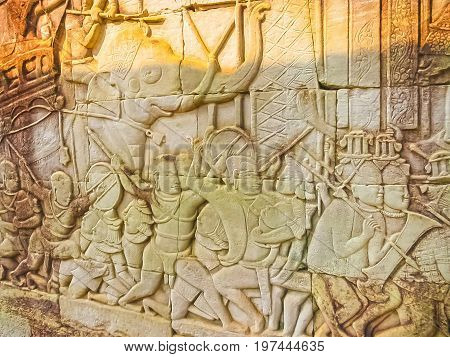 The detail of stone carvings in the Angkor Wat, Cambodia.