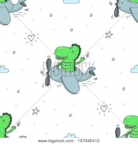 Cute hand drawn pattern with Cartoon dragons in airplane. vector illustration.
