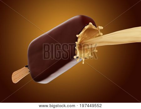 Chocolate icecream with wooden stick and milk splash. 3d rendering