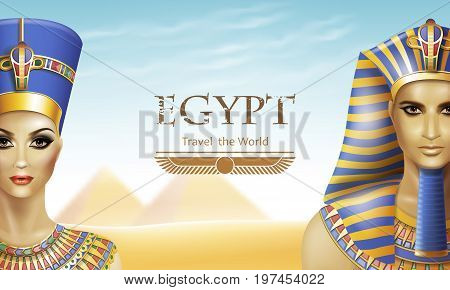 Background with queen Nefertiti and pharaoh Tutankhamen.