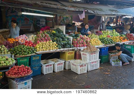 HOI AN, VIETNAM - JANUARY 04, 2016: Fruit trading in the urban market of Hoi An