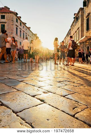 Crowds Of People In Stradun Street In Dubrovnik Sunset Croatia
