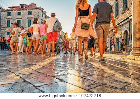Crowds Of People On Stradun Street In Dubrovnik At Sunset