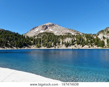 Lassen Peak and Lake Helen at Lassen Volcanic National Park.