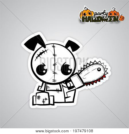 Halloween evil dog blood saw cartoon funny monster. Pop art wow comic book text poster party. Ugly angry monochrome thread needle sewing voodoo doll. Vector illustration sticker paper.