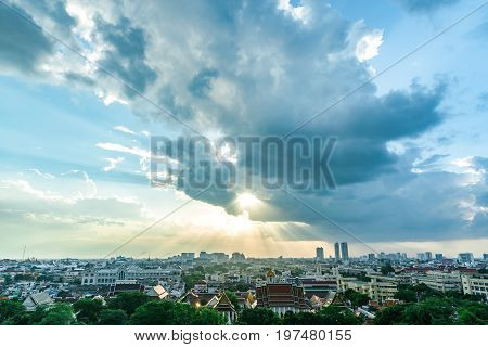 the Top of view skyscraper cityscape with cloudy and raylight. abstract background.