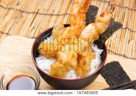 Chef decorated tempura on rice / Cooking Tempura concept