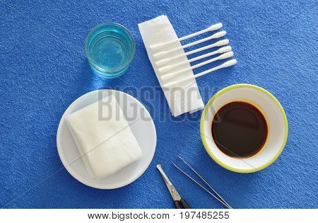 first aid kits for basic cleaning injury wound on blue valvet desk