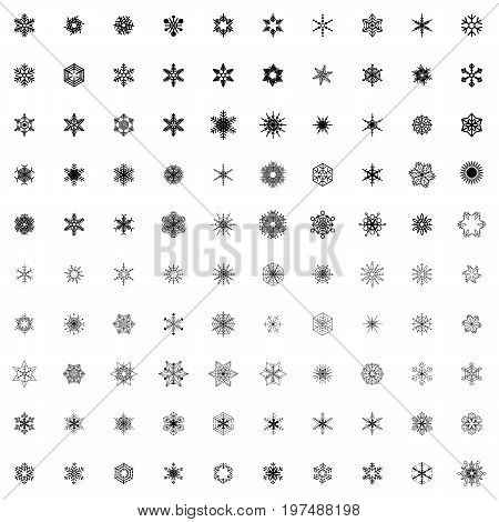 Big Collection of 100 Snowflake Icon Isolated. Set of Black Frozt Symbols on White Background. Icy Snow Elements for Winter Design