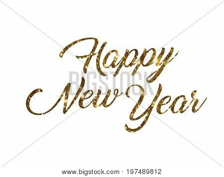 The golden glitter of isolated hand writing word HAPPY NEW YEAR on white blackground