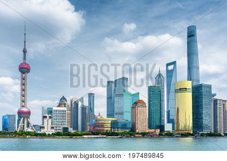 View Of Pudong Skyline, Shanghai, China. Skyscrapers In Downtown