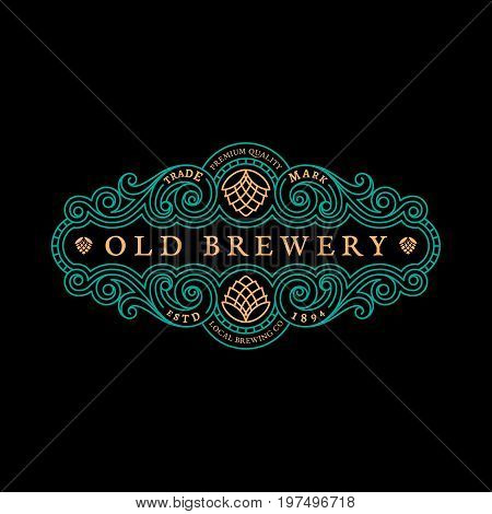Vintage flourishes elegant ornament label template with hop in trendy linear style. Vector illustration.