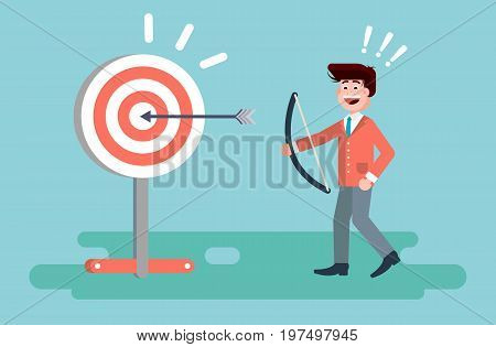 Stock vector illustration businessman hits target successful shot from bow advancement right solution excellent business success marketing achievement luck idea progress victory start-up in flat style.