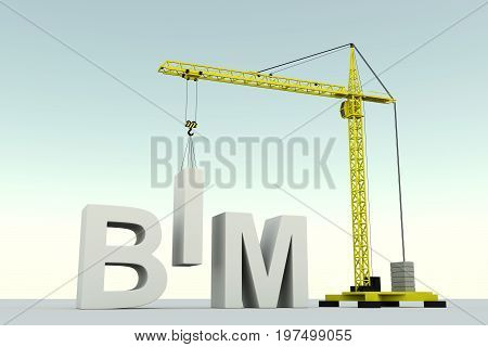 BIM concept building crane white background 3d illustration