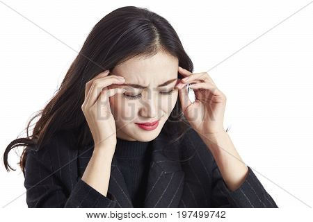 young asian business woman in formal wear feeling tired exhausted having headache isolated on white background.