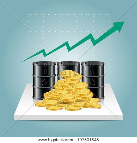 Oil Industry Concept. Oil Price Growing Up Graph With Oil Tank And Dollar Coins.