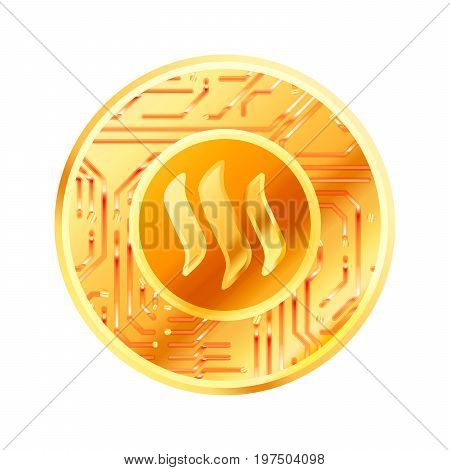 Bright golden coin with microchip pattern and Steemit sign. Cryptocurrency concept isolated on white