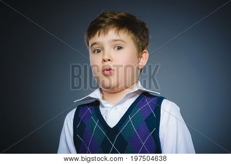 Closeup Scared and shocked little boys. Studio shot portrait over gray background. Human emotion face expression. Life perception achievement vision.