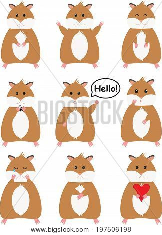 Set of cartoon hamster characters, different emotions. Simple funny vector, children style.