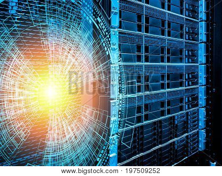 Blade server close-up in series of supercomputers with technological background hologramm