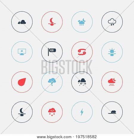 Set Of 16 Editable Climate Icons. Includes Symbols Such As Snowing, Moon Up, Nebulose And More