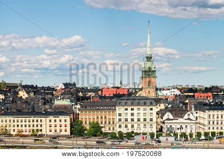 Stockholm, Sweden - July 14, 2017: View Over Gamla Stan (old Town) With German Church In Stockholm,