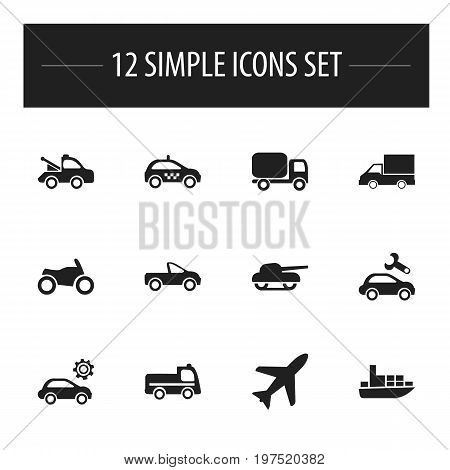 Set Of 12 Editable Shipment Icons. Includes Symbols Such As Motorbike, Service Car, Drophead Coupe And More